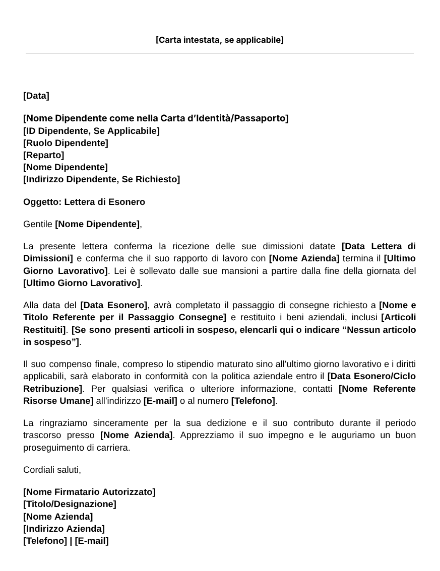 Modello per lettera di esonero