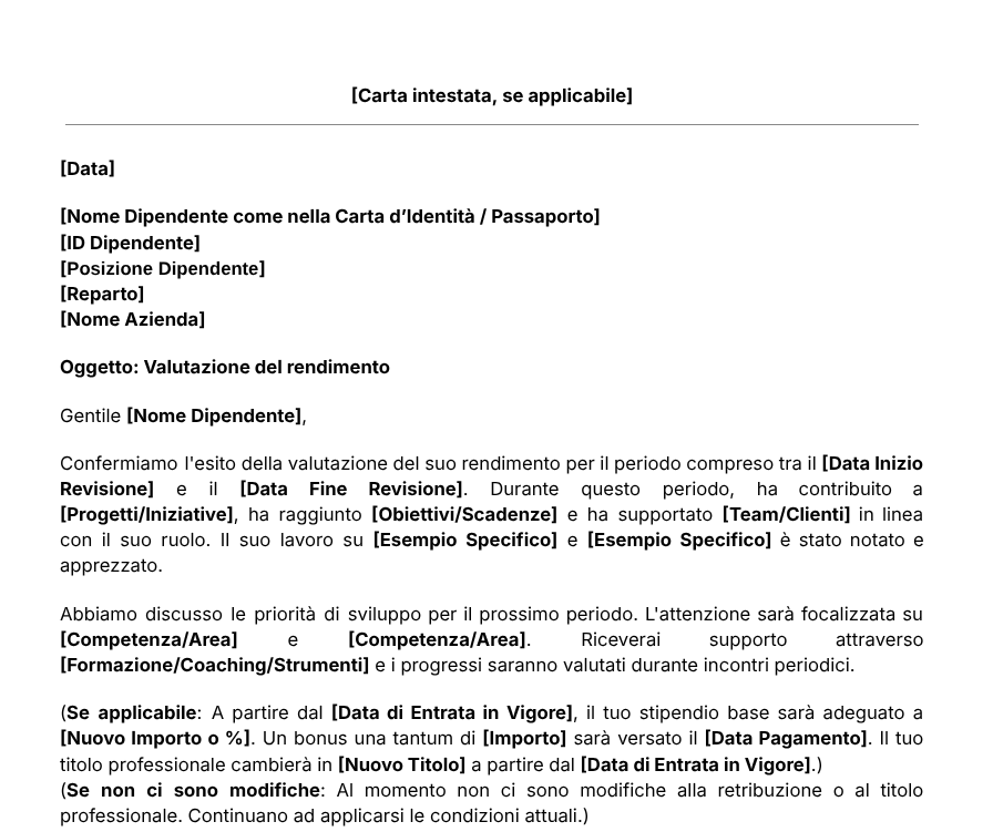 Modello per Lettera di Valutazione