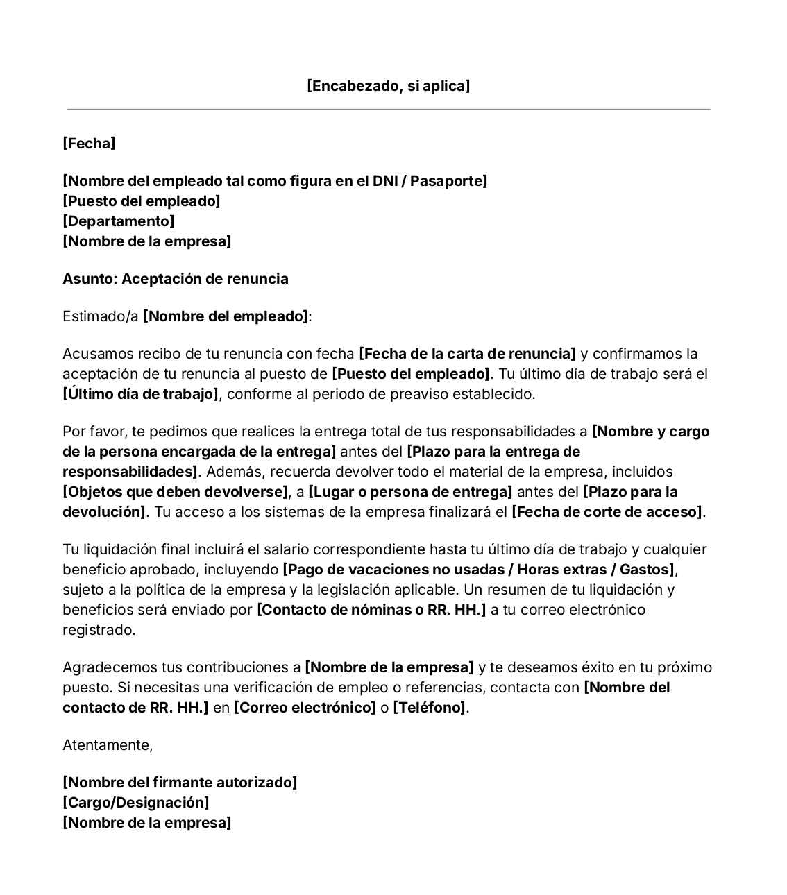 Plantilla de carta de aceptación de dimisión o renuncia