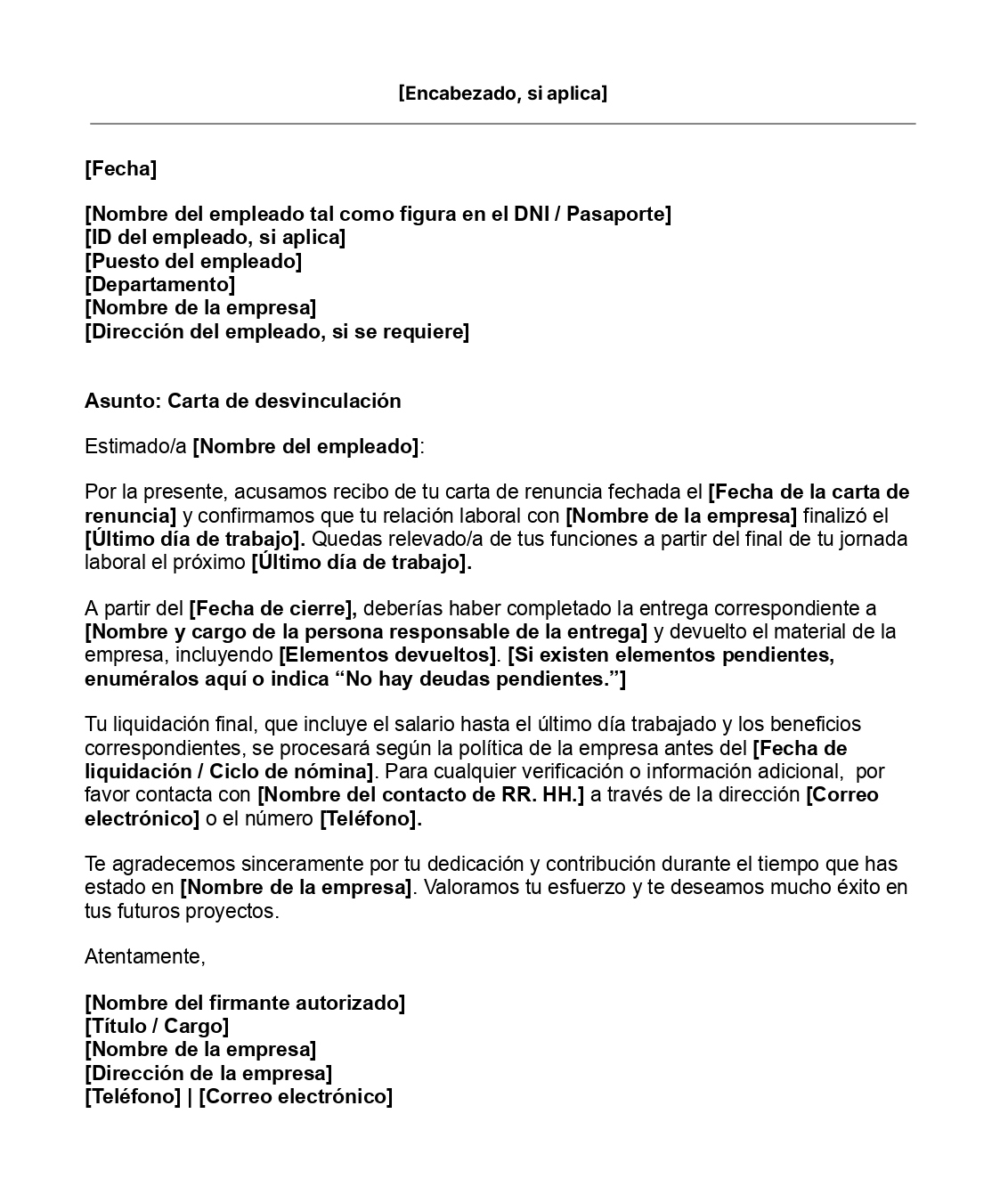 Plantilla de carta de desvinculación