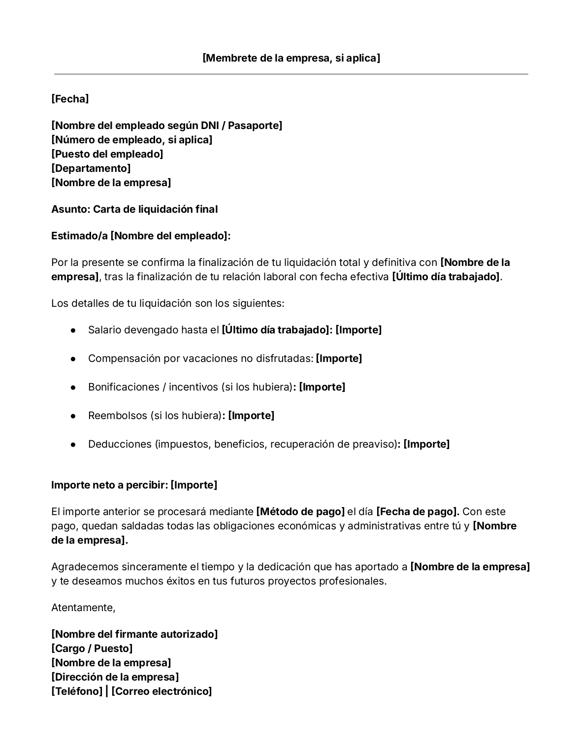 Plantilla de carta de liquidación final y finiquito