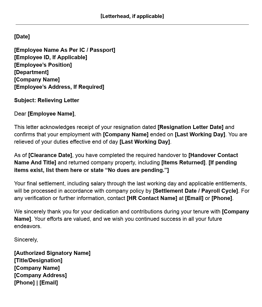 Relieving letter template 
