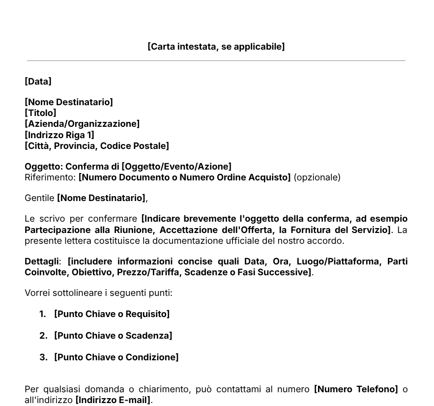 Modello per lettera di conferma