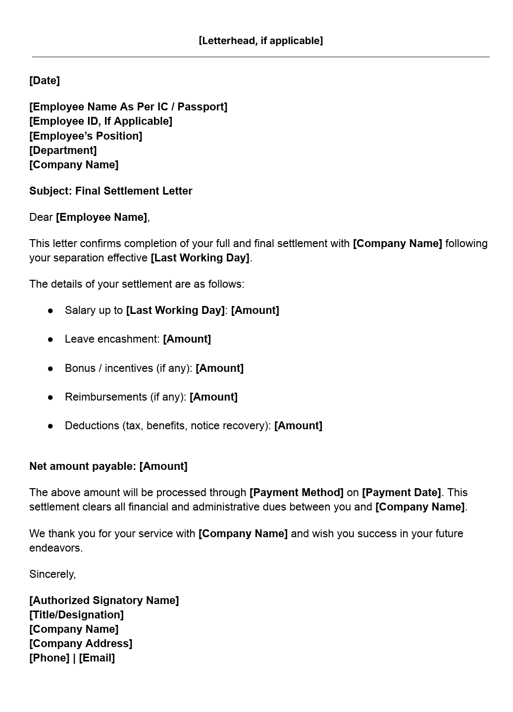 final settlement letter template