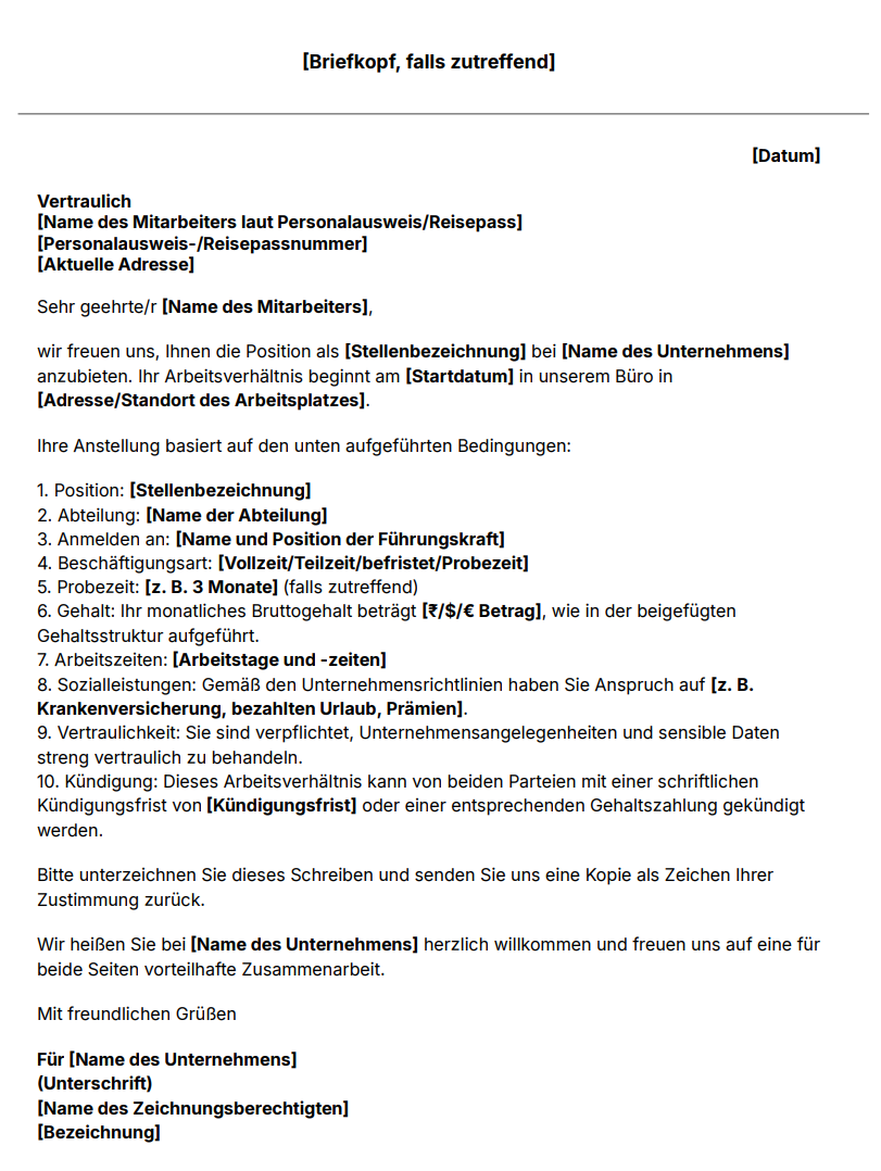 Vorlage für ein Einstellungsschreiben