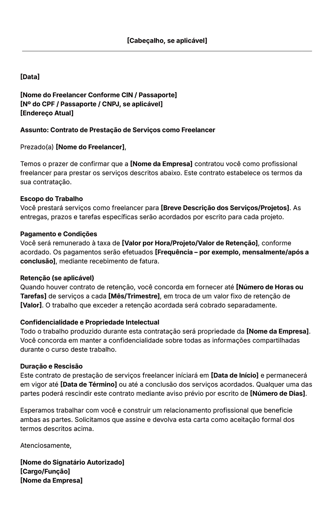 modelo de carta de contrato freelancers 