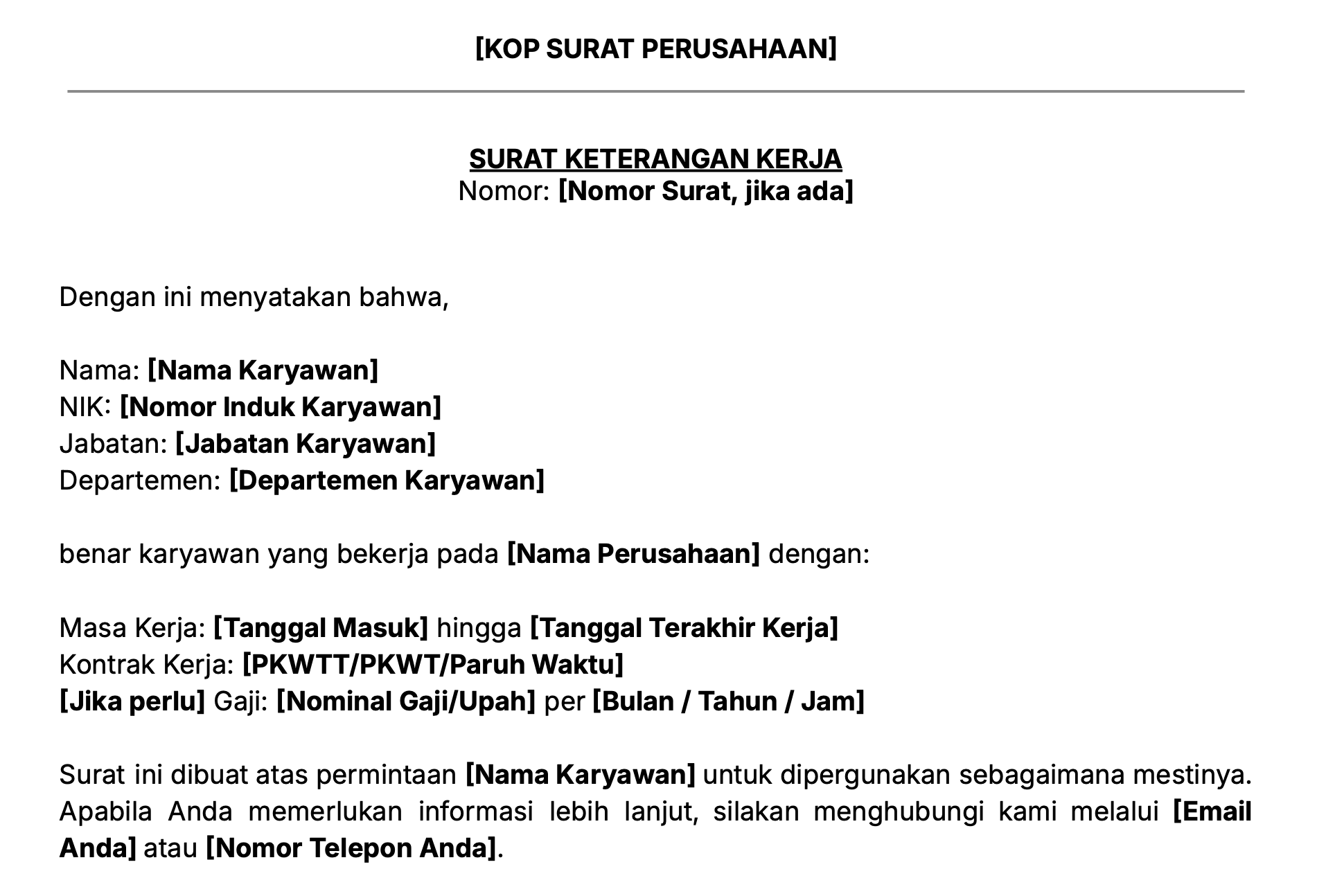 Contoh isi surat keterangan kerja atau paklaring