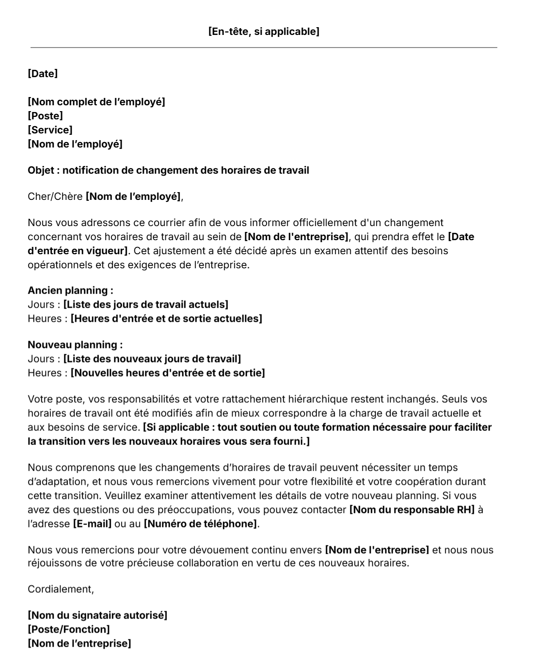 Modèle gratuit de notification de changement des horaires de travail
