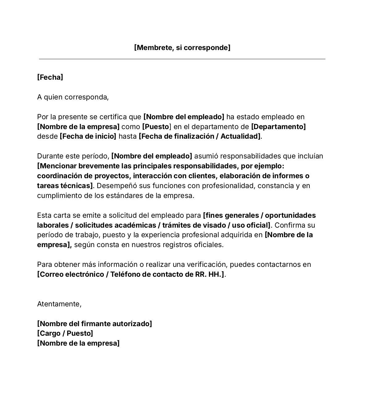 Plantilla de Carta de experiencia laboral descarga gratis