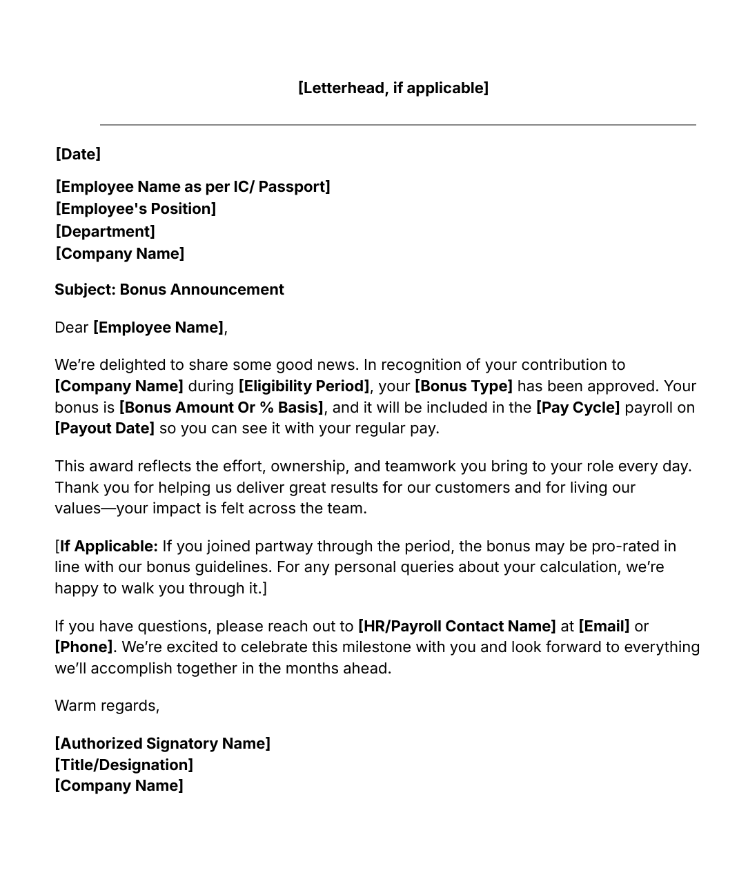 bonus announcement letter template