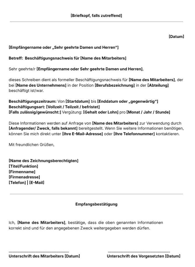 Vorlage für einen Beschäftigungsnachweis
