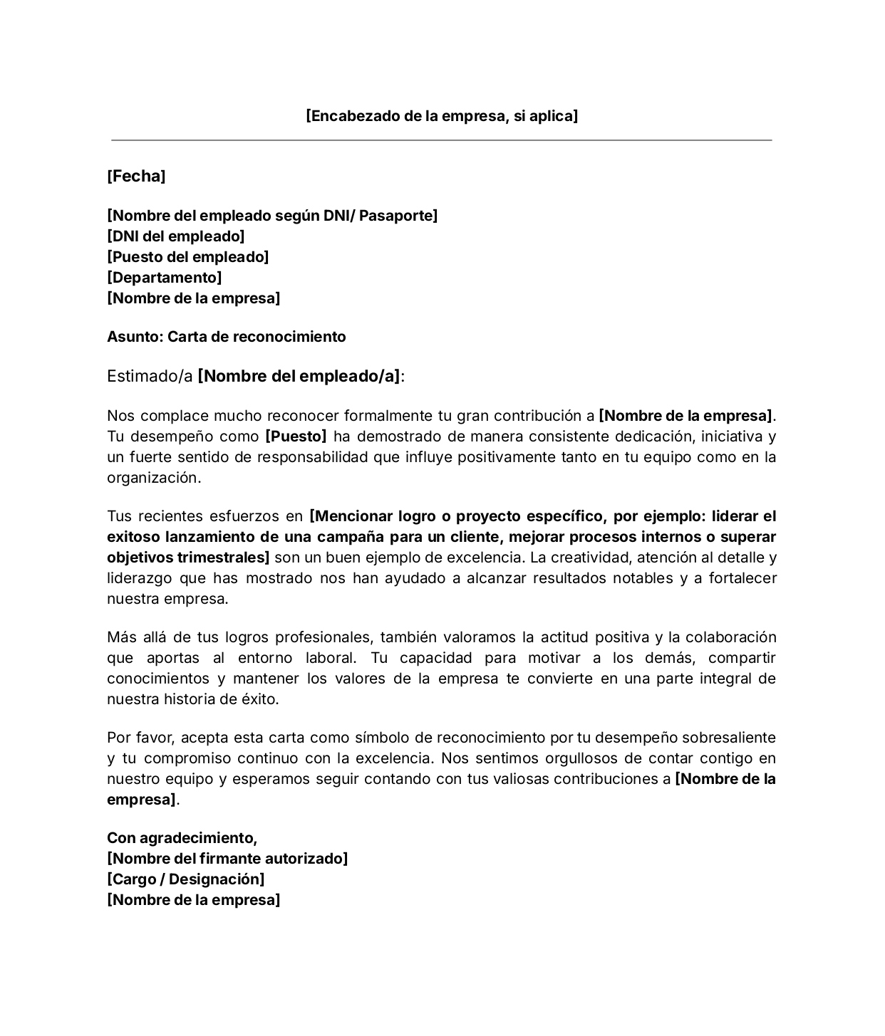 Plantilla de carta de reconocimiento a un empleado