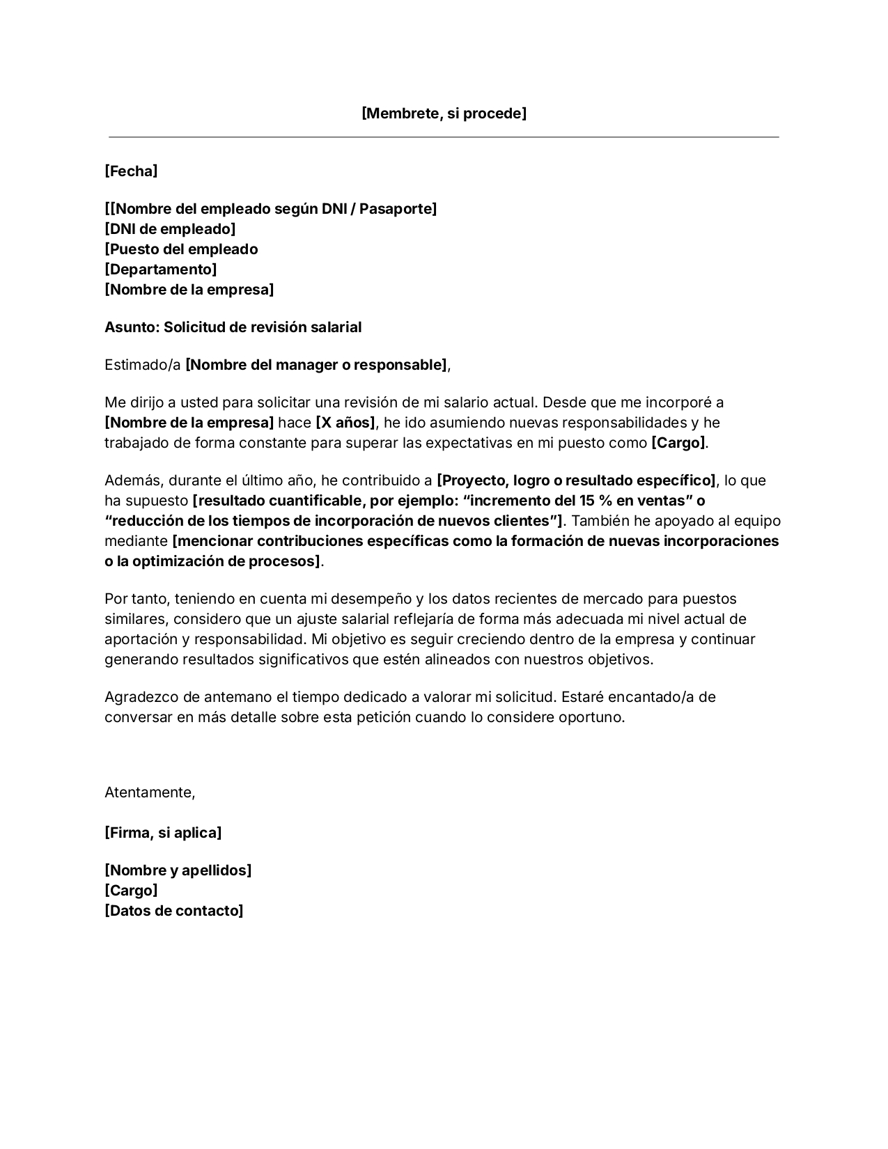 Plantilla de carta para solicitar un aumento de salario. descarga gratis