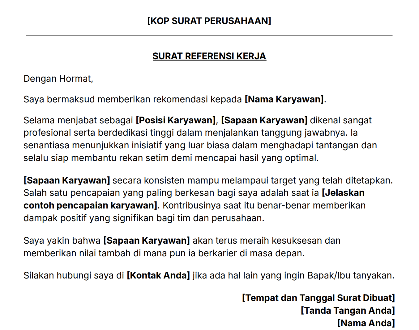 Contoh surat referensi kerja gratis