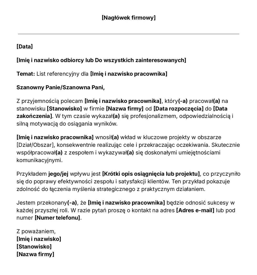 Darmowy wzór listu referencyjnego do pobrania i wydrukowania.