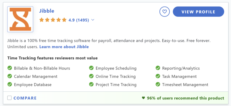 jibble ranking as the most recommended time tracking software on capterra in 2025