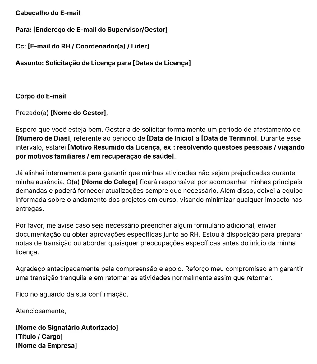 modelo de e-mail de solicitação de licença