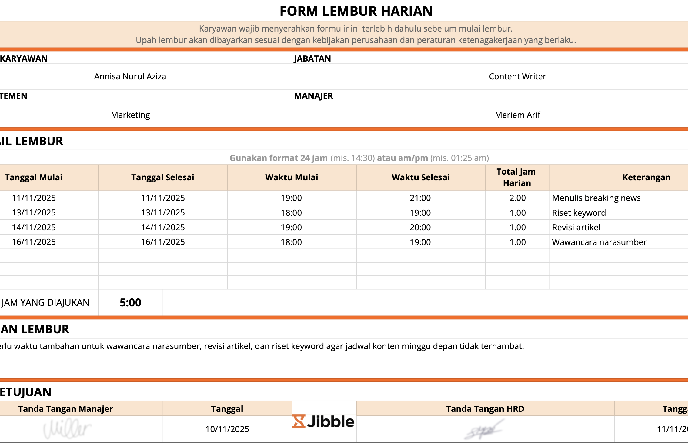 Contoh form lembur karyawan