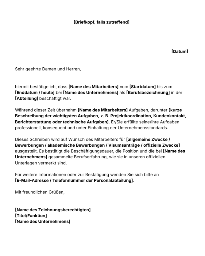 Vorlage für ein Arbeitszeugnis