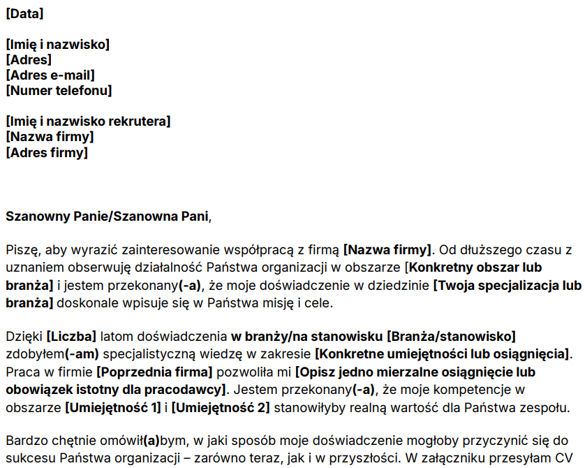 Wzór listu motywacyjnego bez ogłoszenia o pracę.