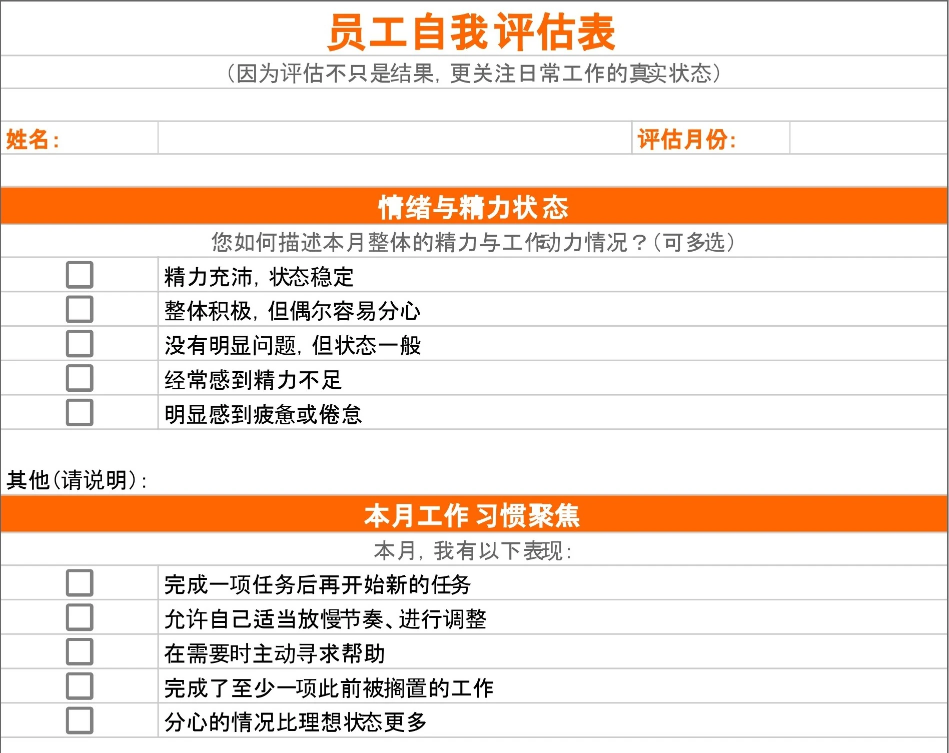 员工自我评估模板预览