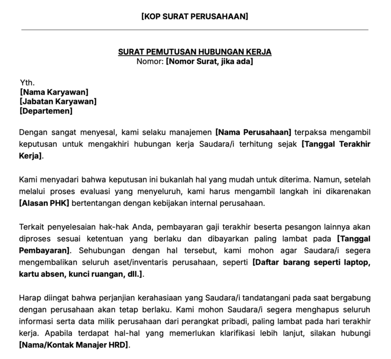 Contoh surat pemutusan hubungan kerja (PHK) karyawan