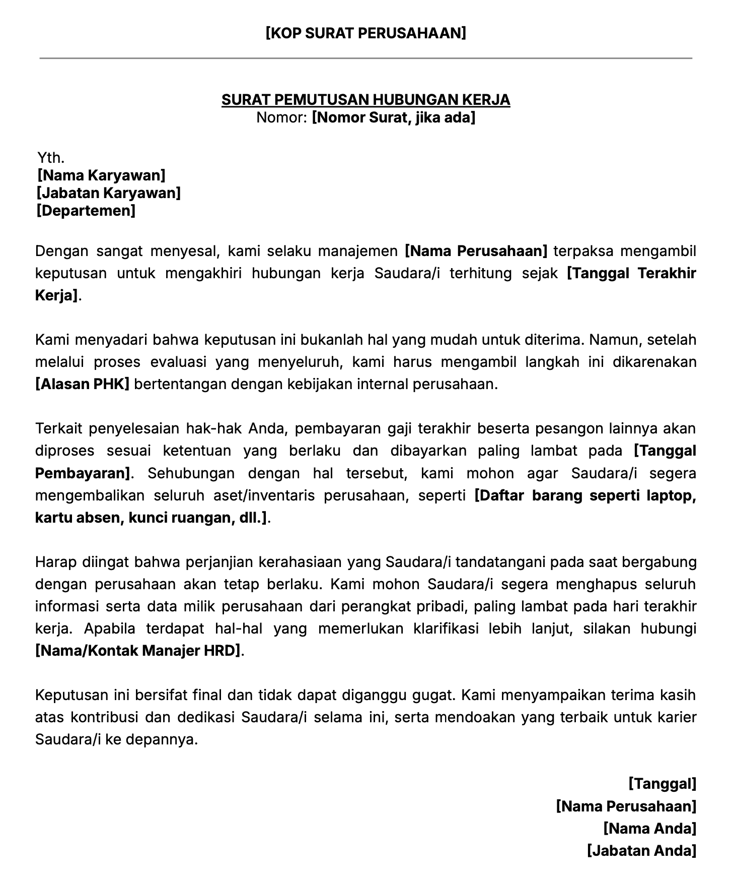 Contoh surat PHK