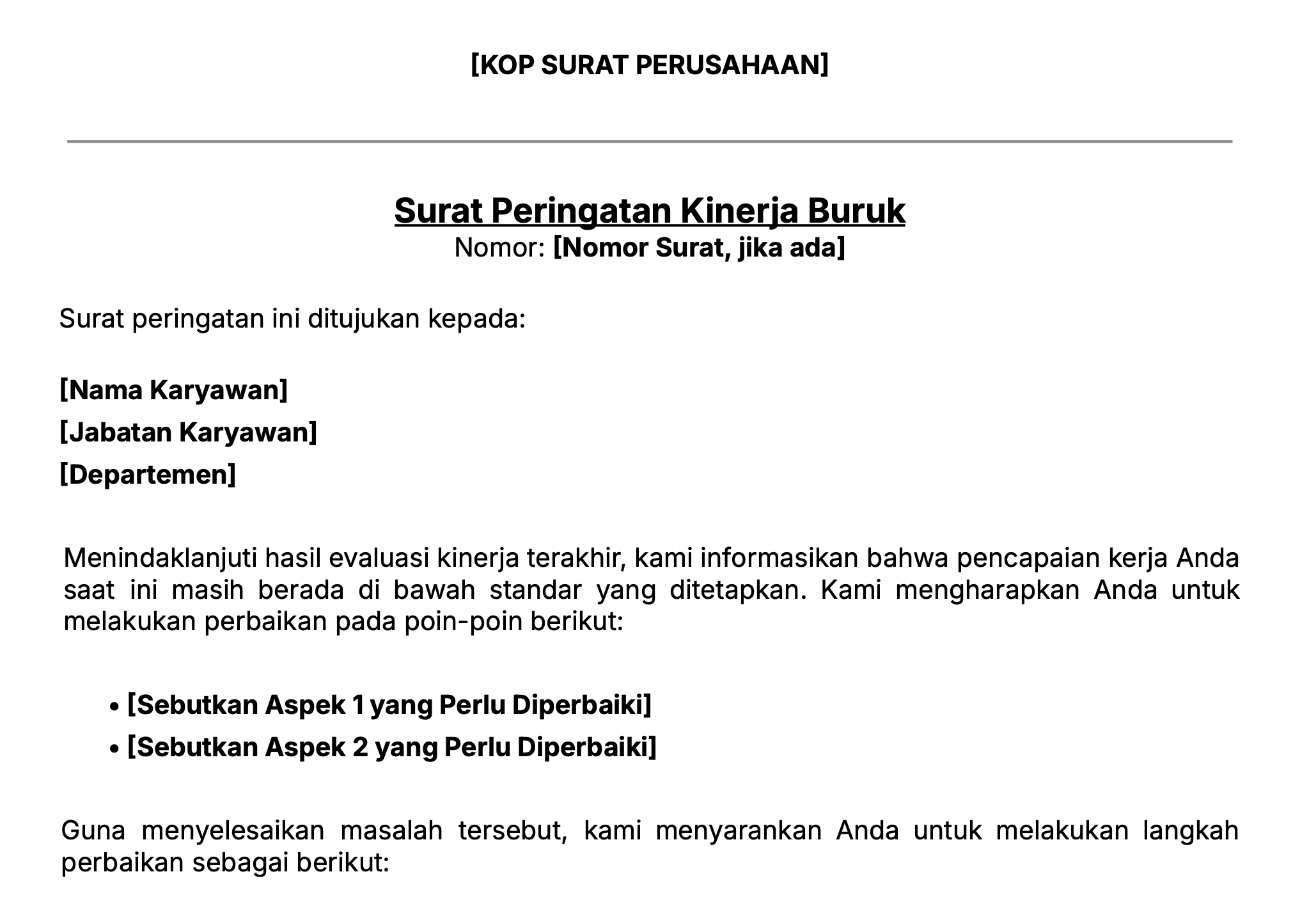 Contoh isi surat teguran karyawan karena performa buruk