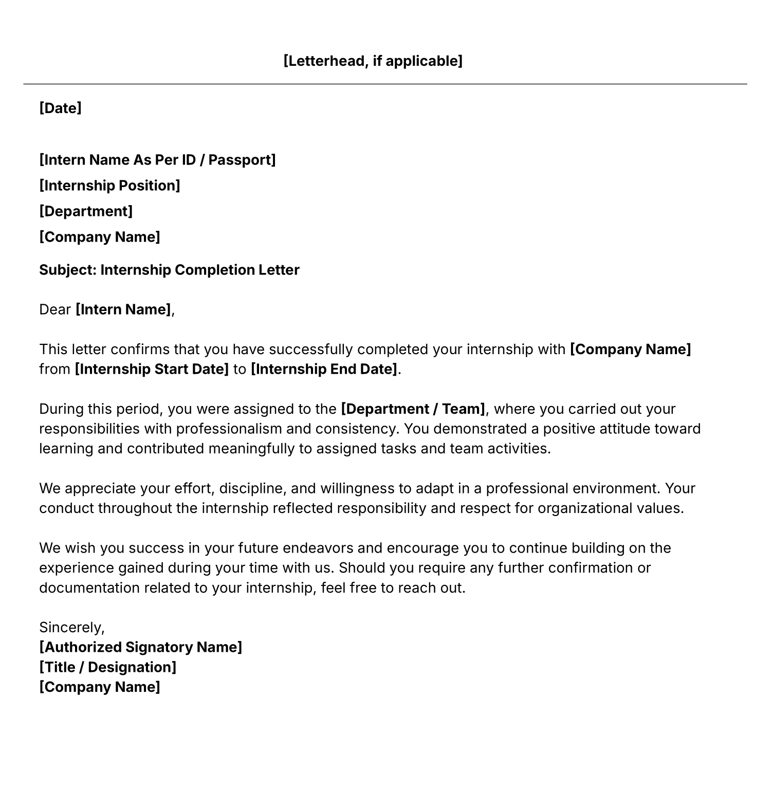 Internship Completion Letter Template