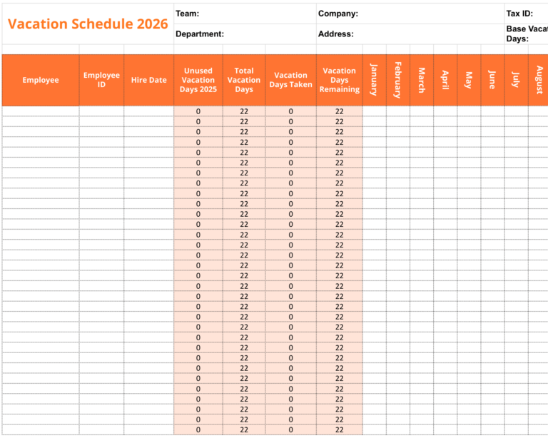 vacation schedule template header