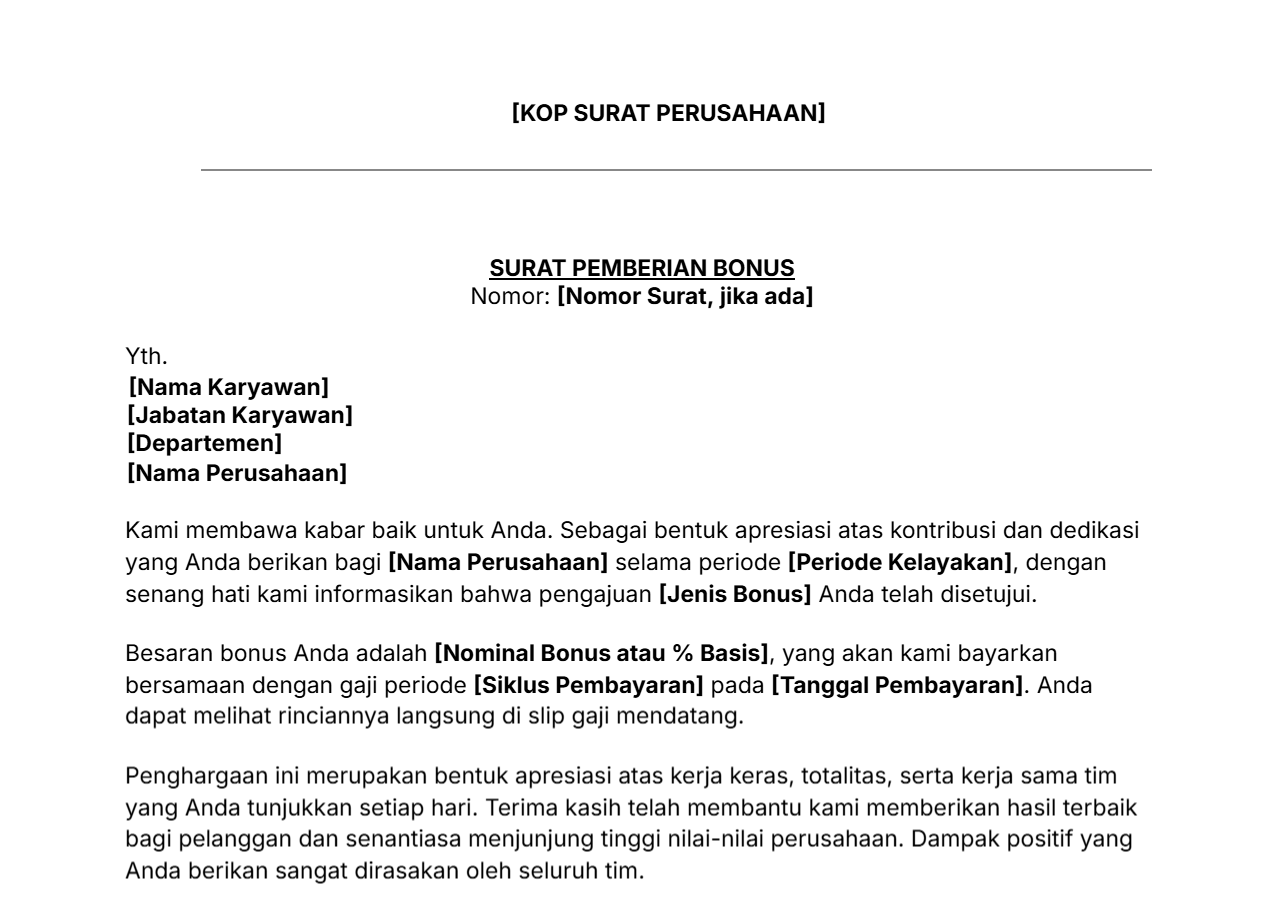 Contoh surat pemberitahuan bonus