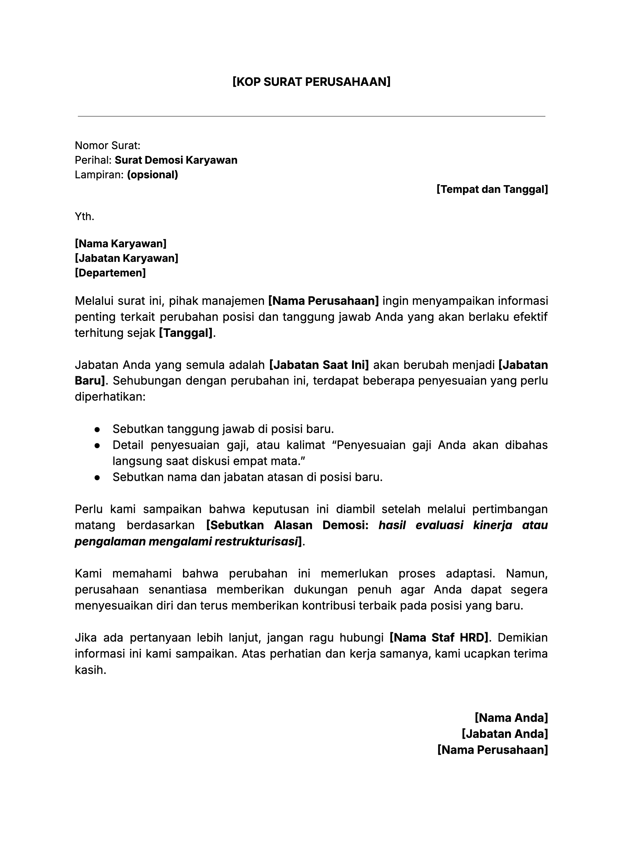 Contoh surat demosi karyawan