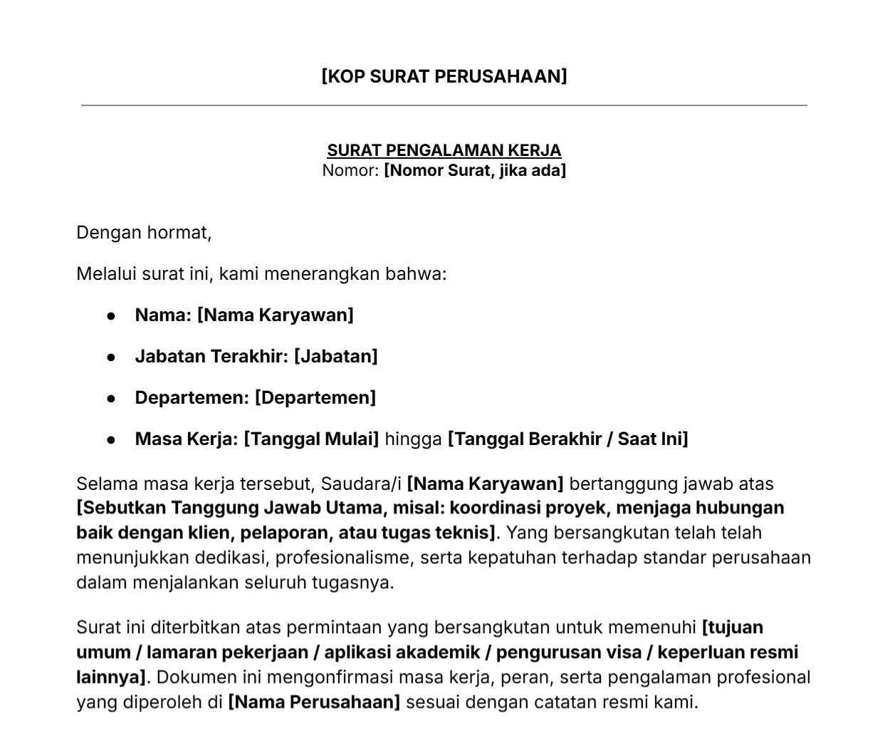 Contoh surat pengalaman kerja