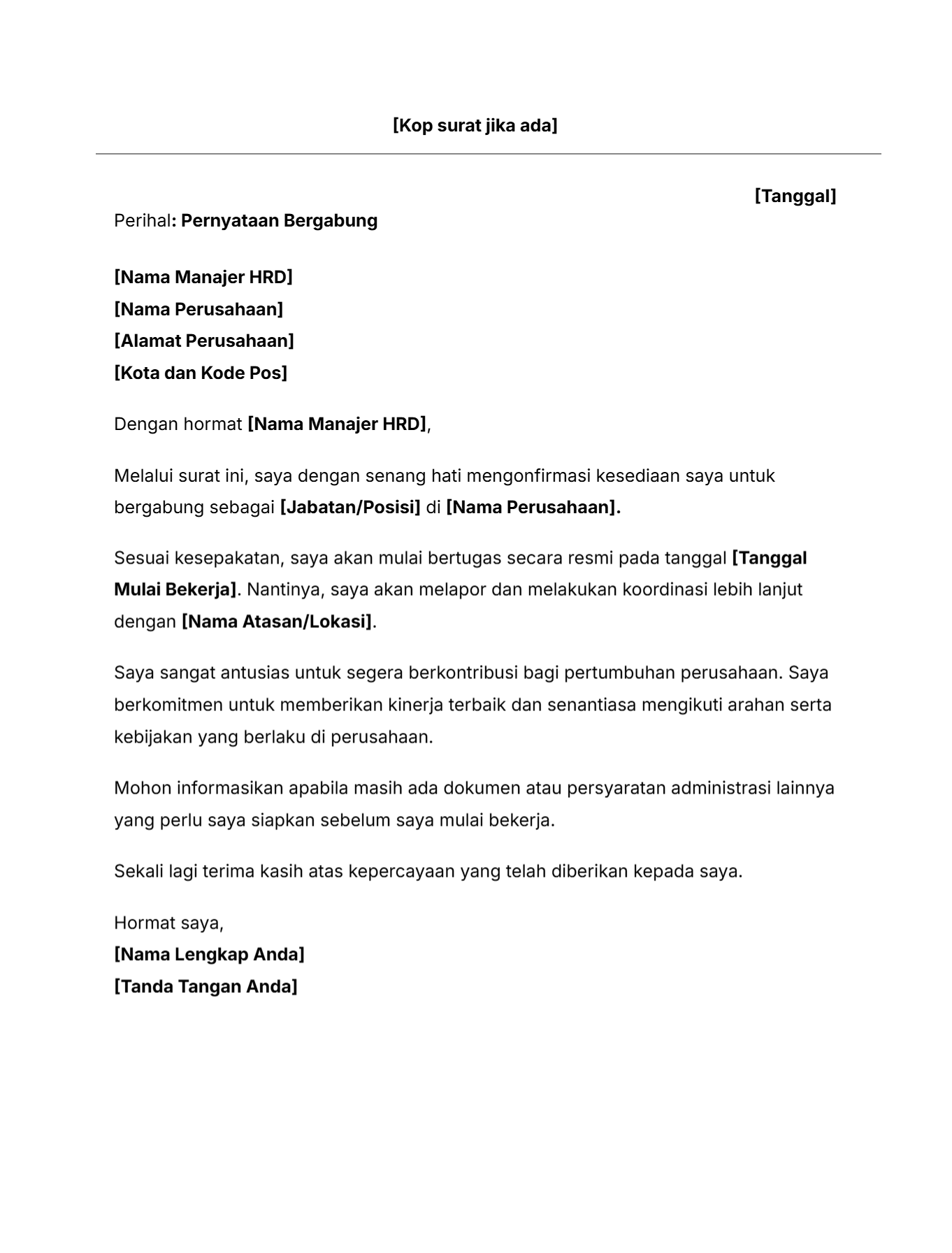 Contoh surat pernyataan bergabung