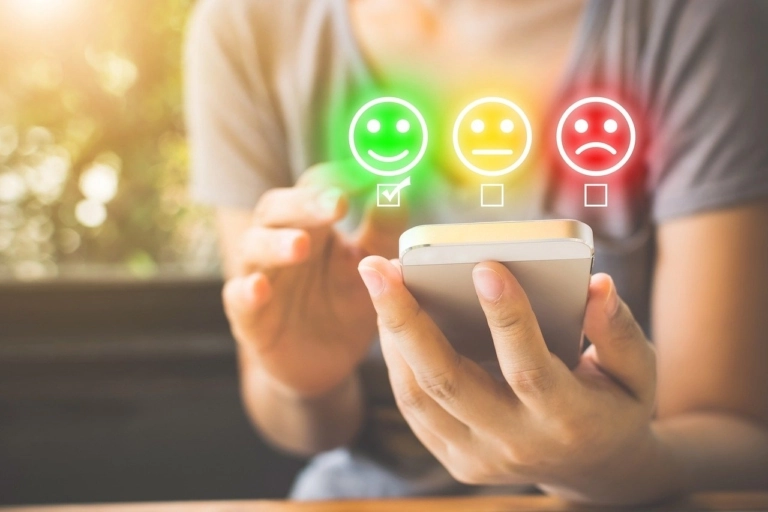 customer reviews product with three review options; happy, neutral, sad