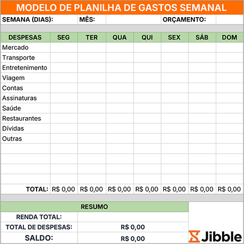 ícone do modelo de planilha de gastos semanal