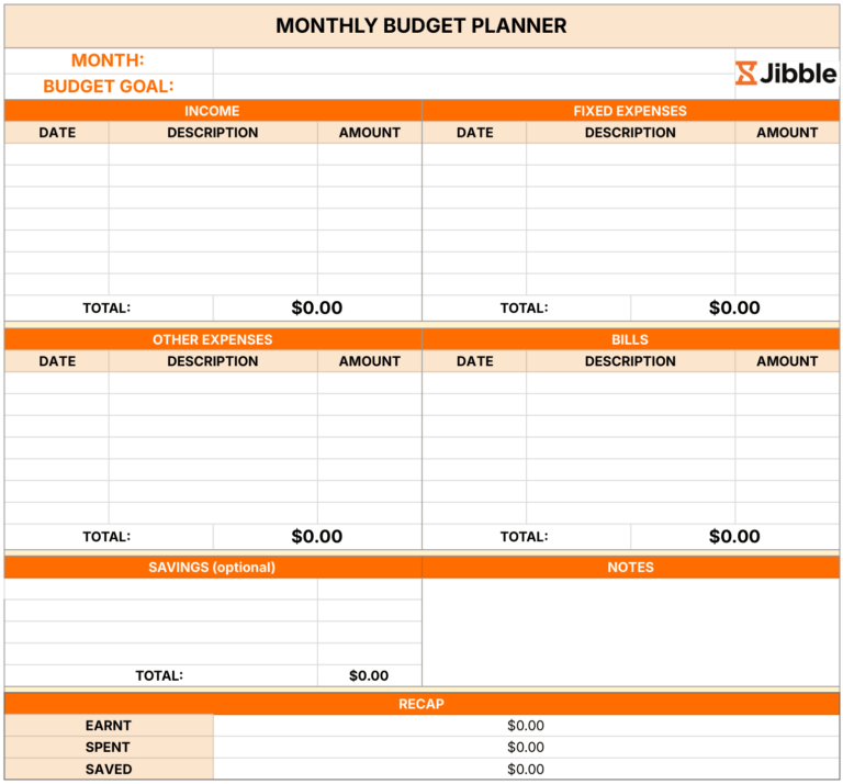 monthly budget template in a spreadsheet