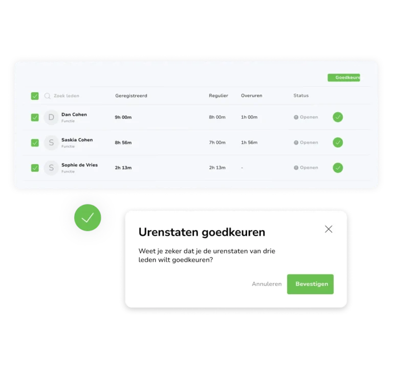 Goedkeuring van teamuren met één klik voor timesheets.