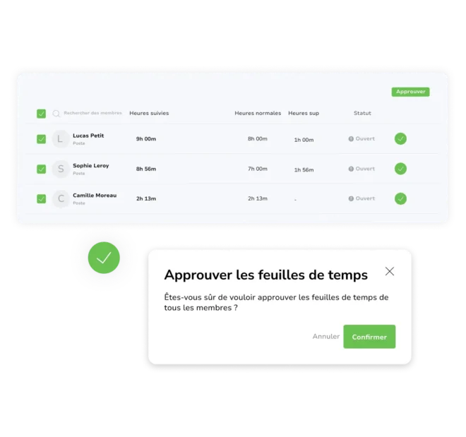 Approbation en un clic des feuilles de temps pour les heures d’une équipe