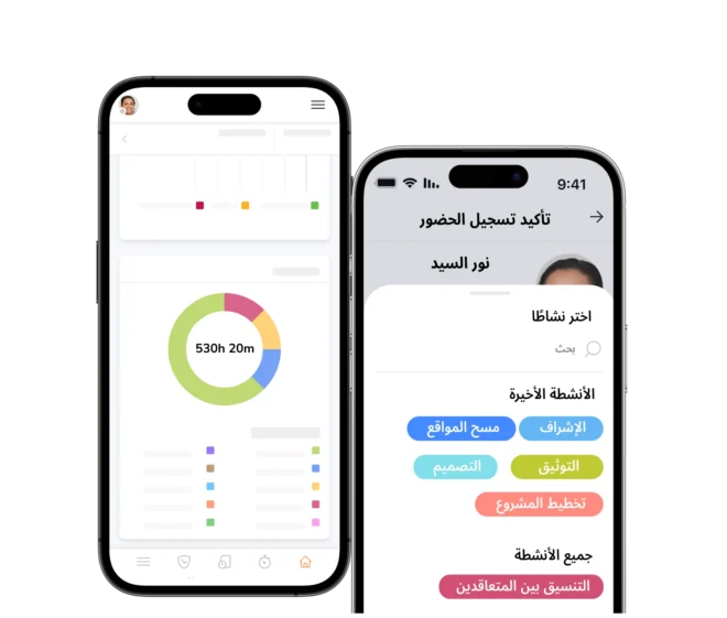 إدخالات وقت الموظفين مُصنَّفة حسب نوع النشاط
