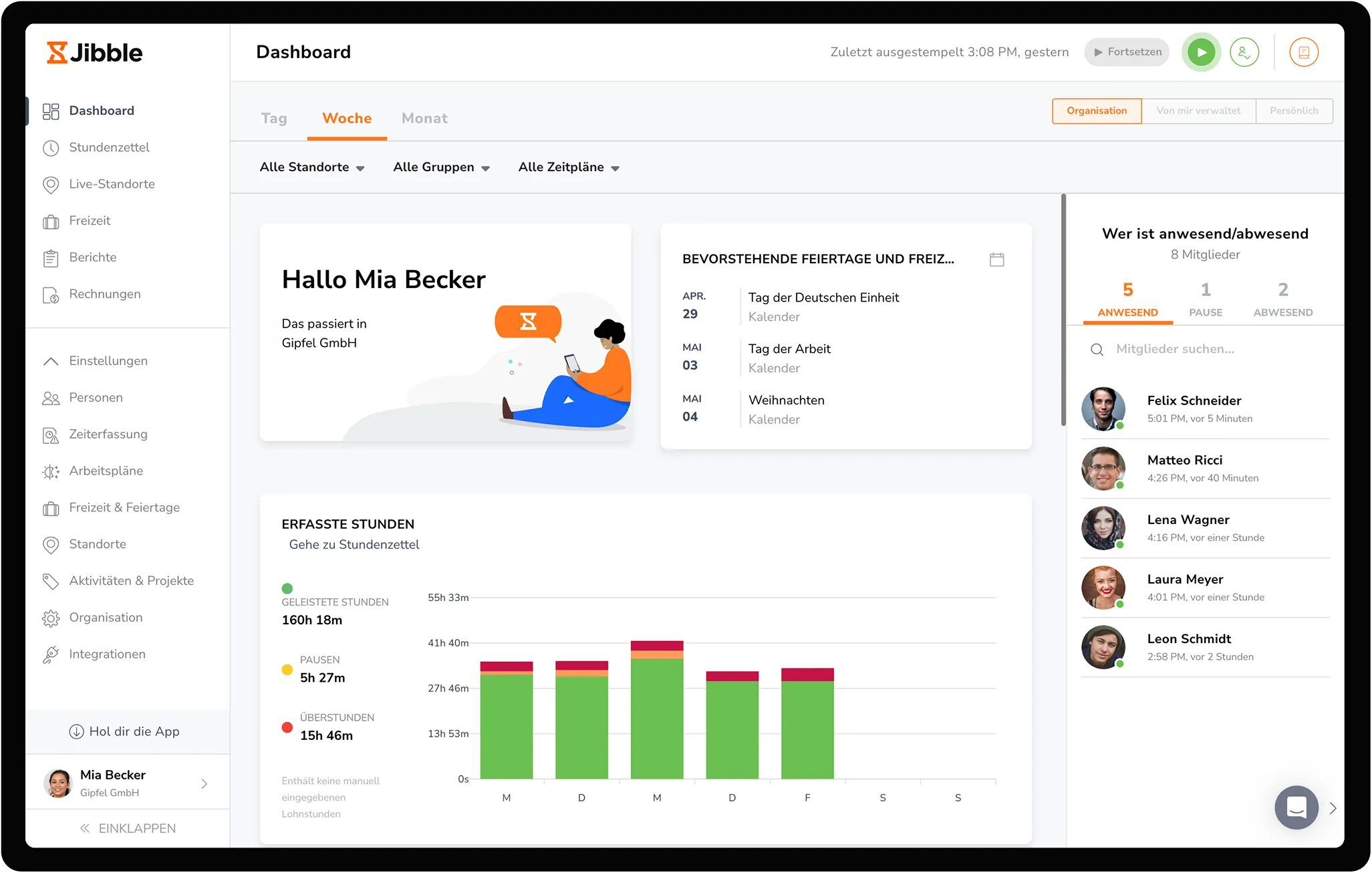 Ansicht des Jibble-Dashboards mit vollständiger Übersicht über erfasste Arbeitsstunden, aktive Teammitglieder und weiteren Optionen.