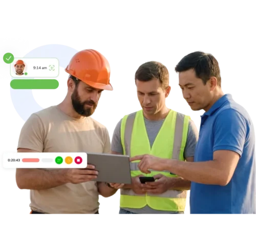 Field service team die de Jibble tijdregistratie-app op een tablet gebruikt op een werklocatie.