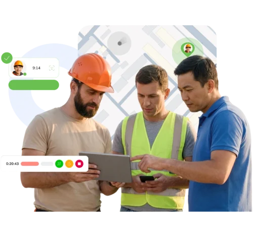 Equipe de serviços de campo usando o app de controle de horas do Jibble em um tablet num canteiro de obras