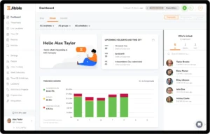 Weergave van het Jibble-dashboard met volledig overzicht van geregistreerde uren, actieve teamleden en andere opties.