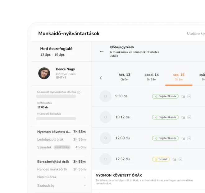 Automatikus munkavállalói munkaidő-nyilvántartás, amely a napi órákat, szüneteket és túlórát mutatja