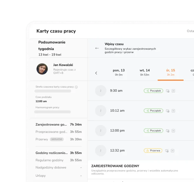 Automatyczna karta czasu pracy pracownika z dziennymi godzinami, przerwami i nadgodzinami.