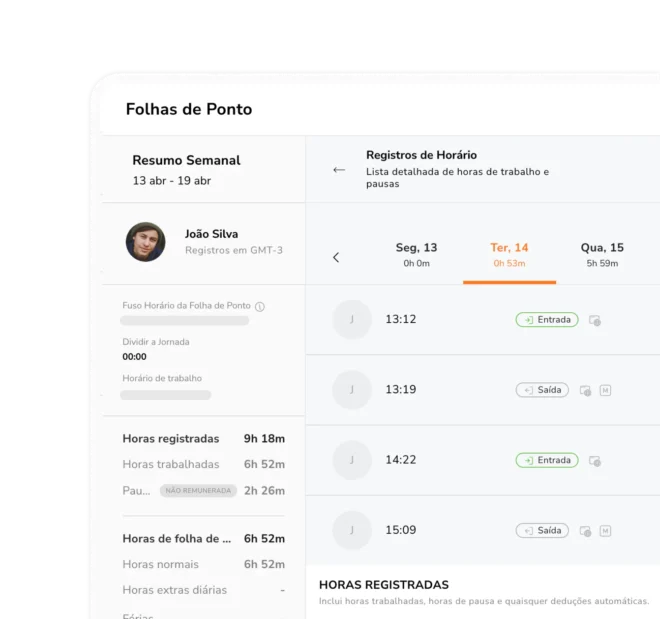 Folha de ponto automatizada do funcionário exibindo horas, pausas e horas extras diárias
