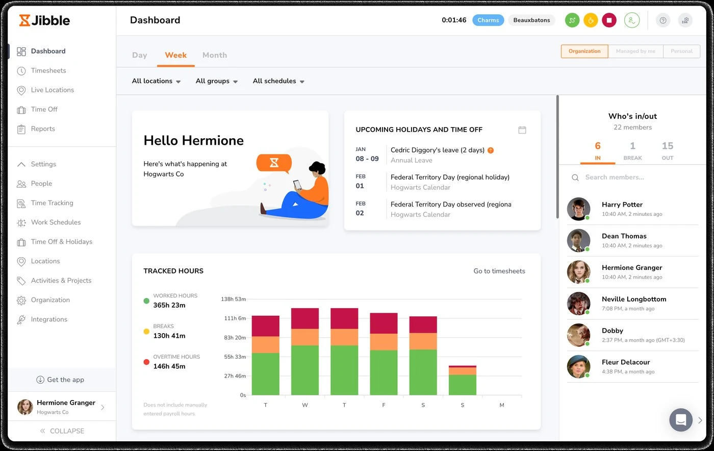 View of Jibble dashboard showing 