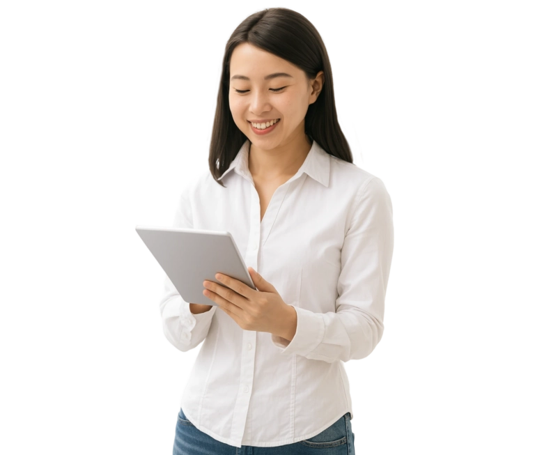 wanita sedang mengecek tabletnya