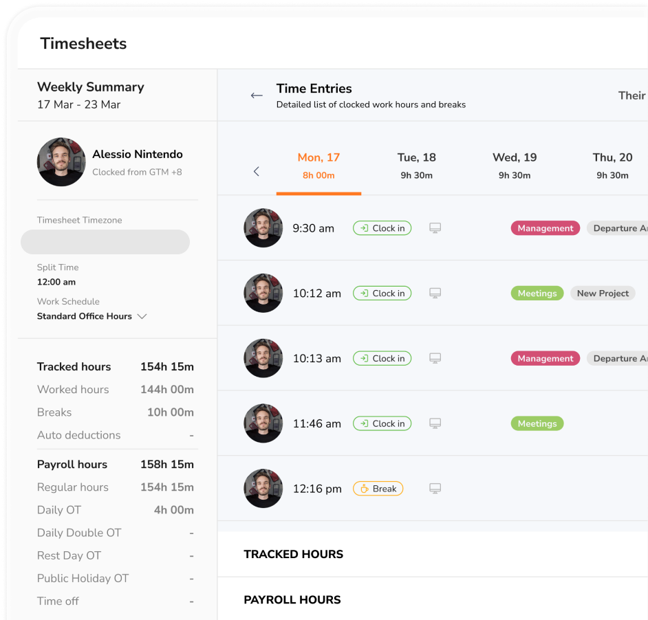 Payroll-ready timesheets with overtime breakdown
